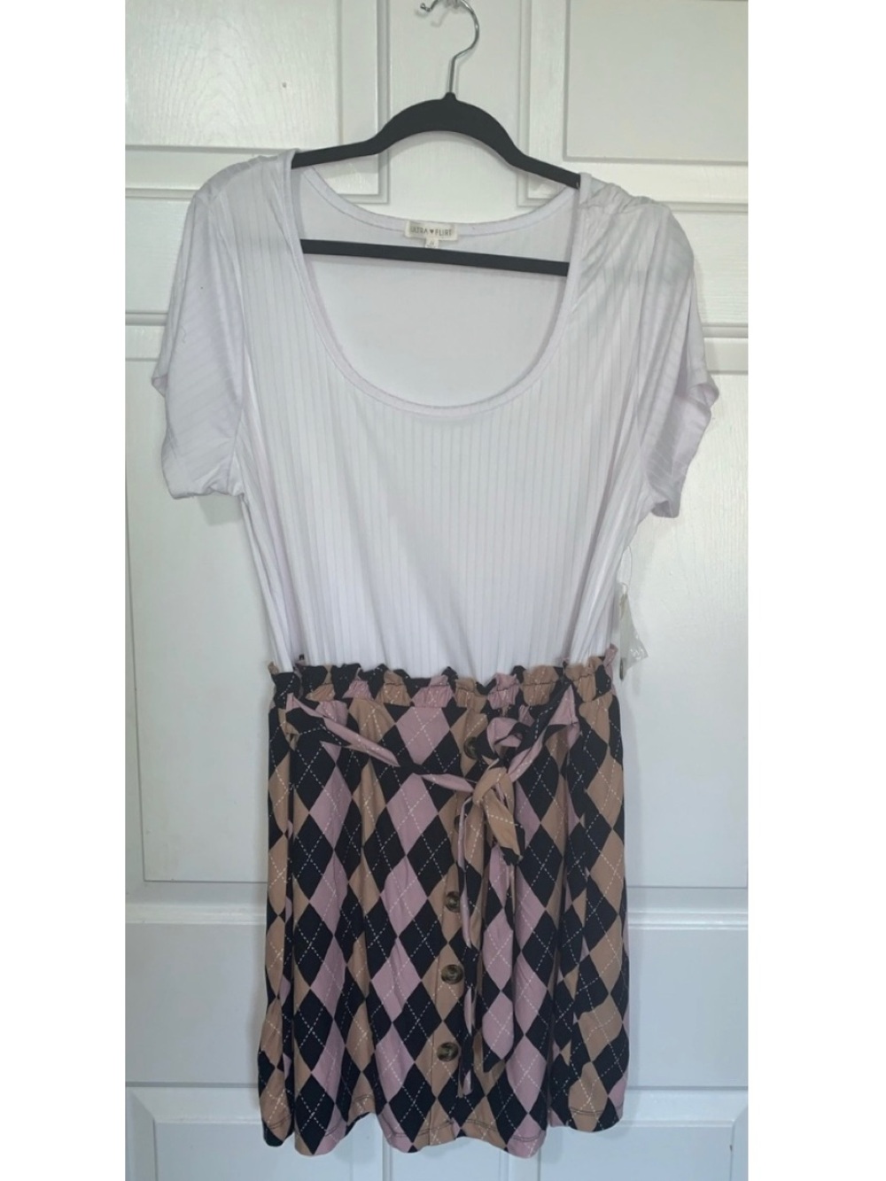 White Top with Pink & Black Argyle Skirt Dress